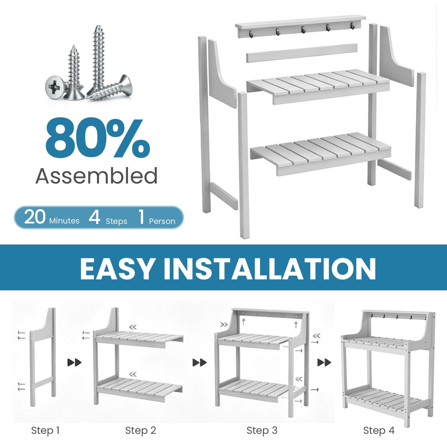 Potting Benches For Outside, HDPE Garden Potting Table All Weather, Outdoor Potting Table With Storage For Patio, Backyard, Garden, White