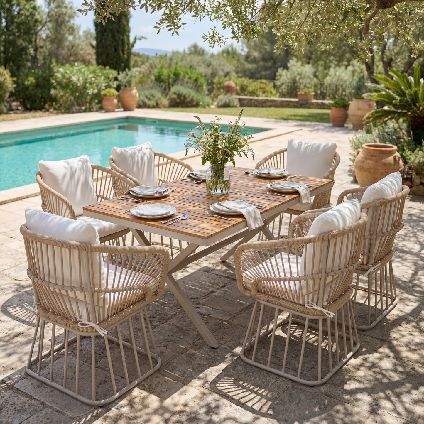 Outdoor 7-Piece Dining Set - Rectangular Teak Wood Table   6 Wicker Chairs With Cushions, Beige Steel Frame, Teak Finish, Perfect For Patio, Deck, Or Garden