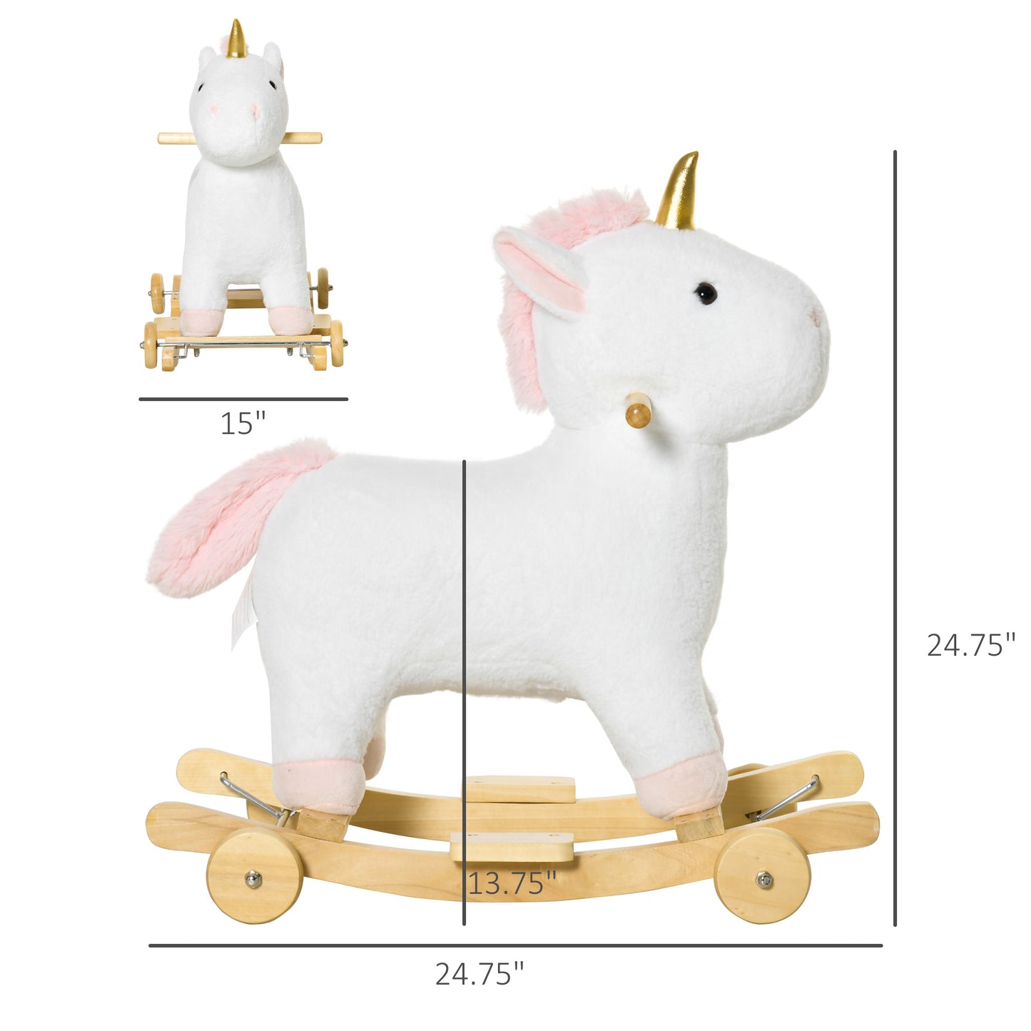 2 In 1 Kids Rocking Horse, Rolling Unicorn With Sound, Wooden Base, Pedal, Grip Handle, For 3-6 Years Old, White