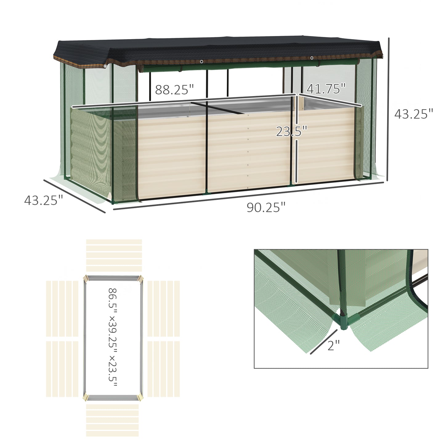 Galvanized Steel Planter Box With Crop Cage And Shade Cloth, Raised Garden Bed For Flowers, Veggies And Herbs, Beige