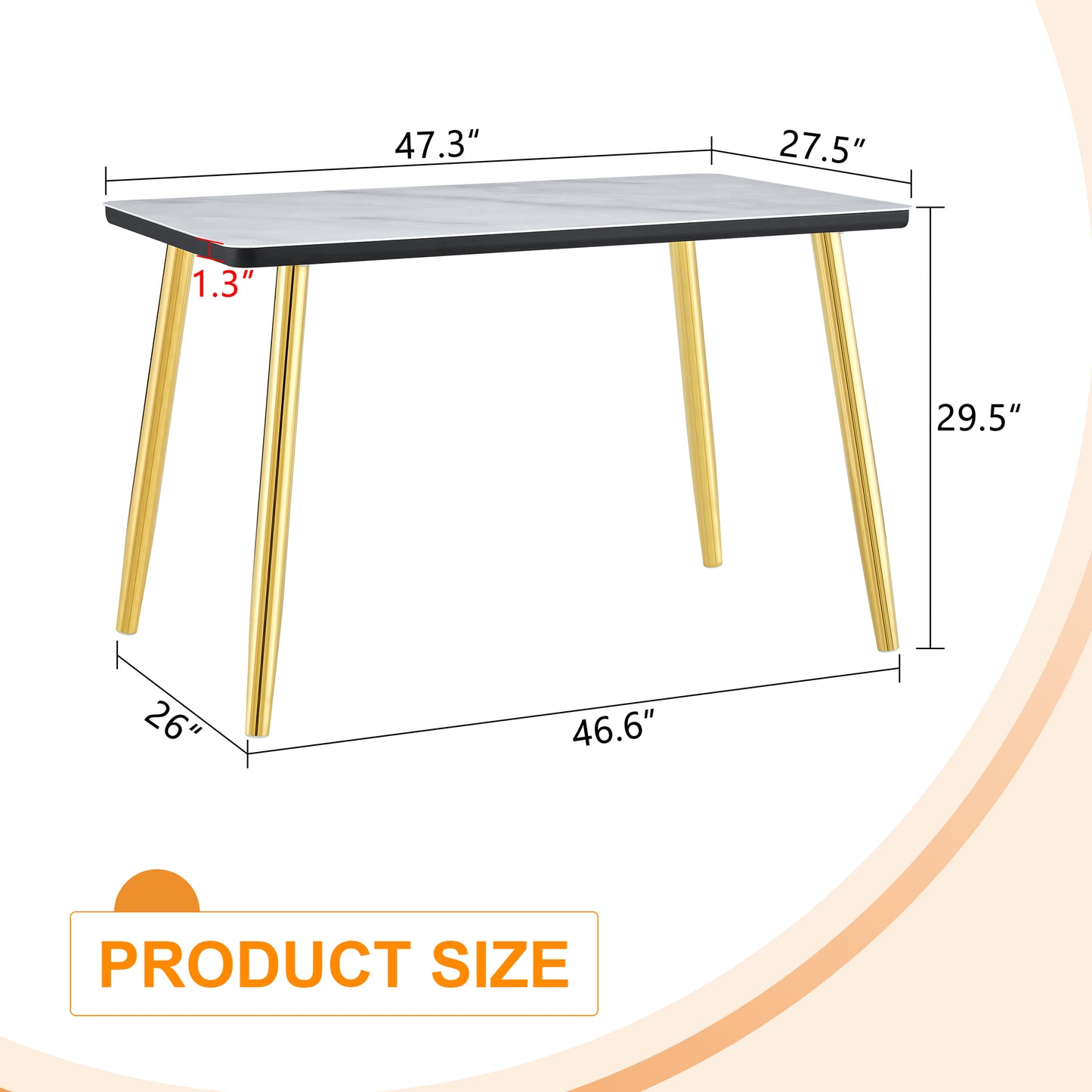 Modern Minimalist Rectangular Dining Table, Suitable For 4-6 People. Tempered Glass Countertop  Lower MDF Board,  Marble Texture, Gold Metal Tapered Legs. Suitable For Minimalist Restaurants.