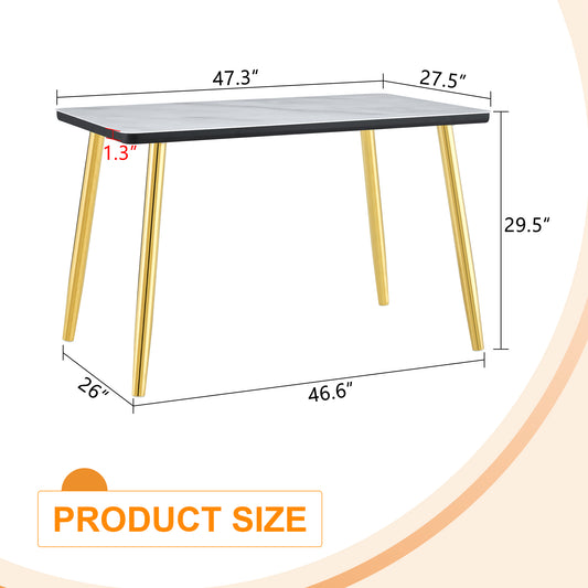 Modern Minimalist Rectangular Dining Table, Suitable For 4-6 People. Tempered Glass Countertop  Lower MDF Board,  Marble Texture, Gold Metal Tapered Legs. Suitable For Minimalist Restaurants.