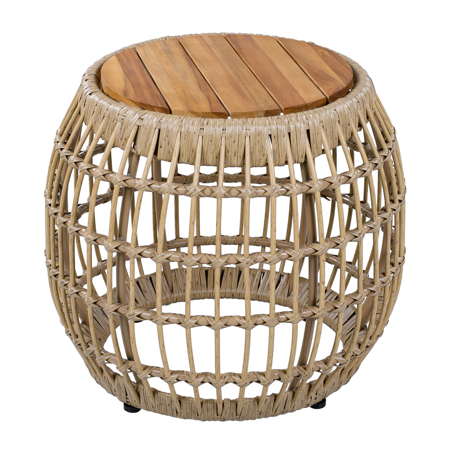 Acacia Wood Outdoor Side Table With Wicker Base - Light Brown, Round 16.15  Outdoor Accent For Patio, Garden, Balcony & Indoor Use