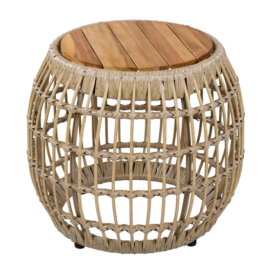 Acacia Wood Outdoor Side Table With Wicker Base - Light Brown, Round 16.15  Outdoor Accent For Patio, Garden, Balcony & Indoor Use