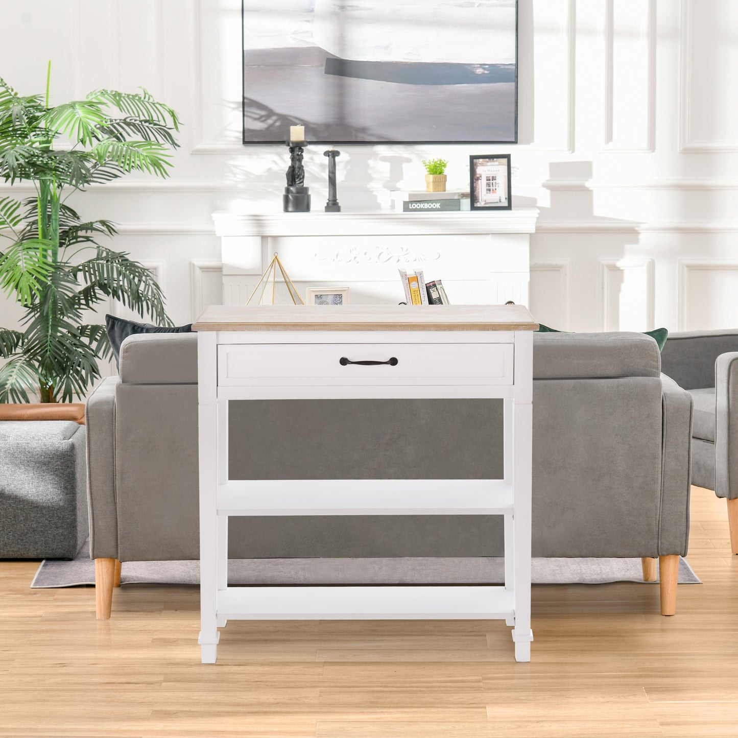 Modern Style Sofa Console Entry Hallway Table With Drawer And Shelves, Sturdy Build, And Large Storage, White