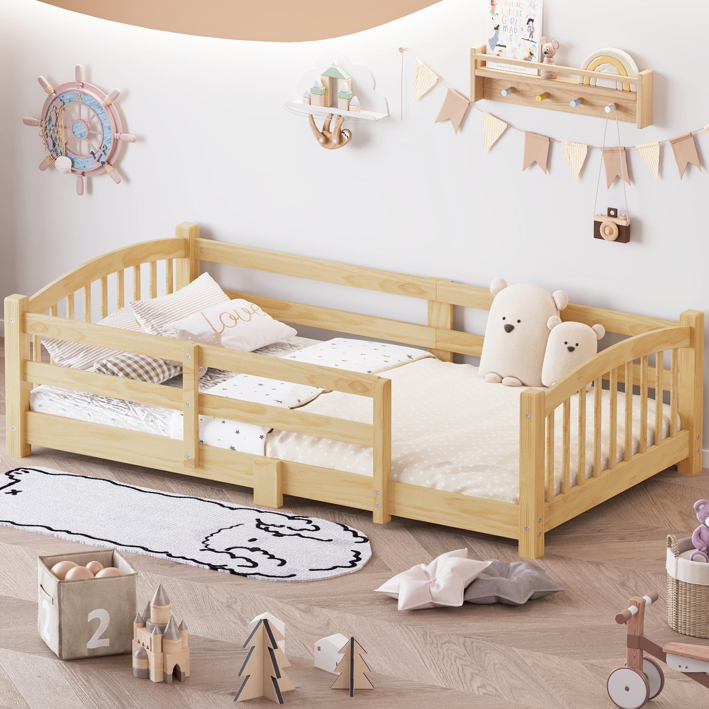 Twin Montessori Floor Bed With Slats And Safety Guardrails, Solid Wood Floor Bed With Fence And Without Door, Easy Assemble Montessori Bed For Girls And Boys, Natural