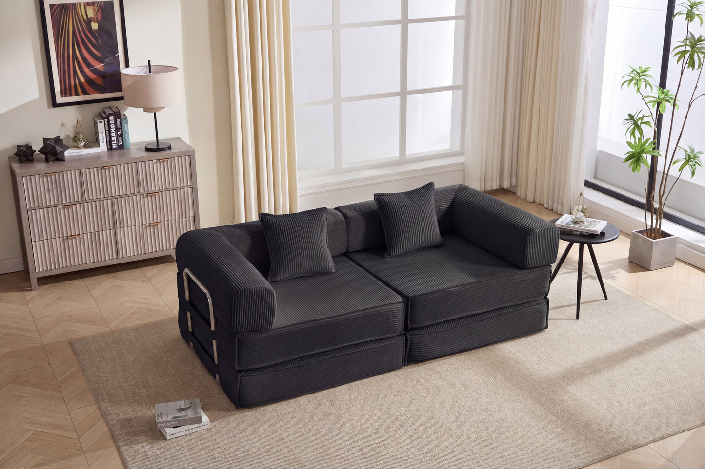 78  Convertible Sofa Bed, Modular Corduroy Couch With 2 Pillows, Space-Saving Compressed Floor Sofa, Ideal For Living Room, Bedroom, Apartment,Black.