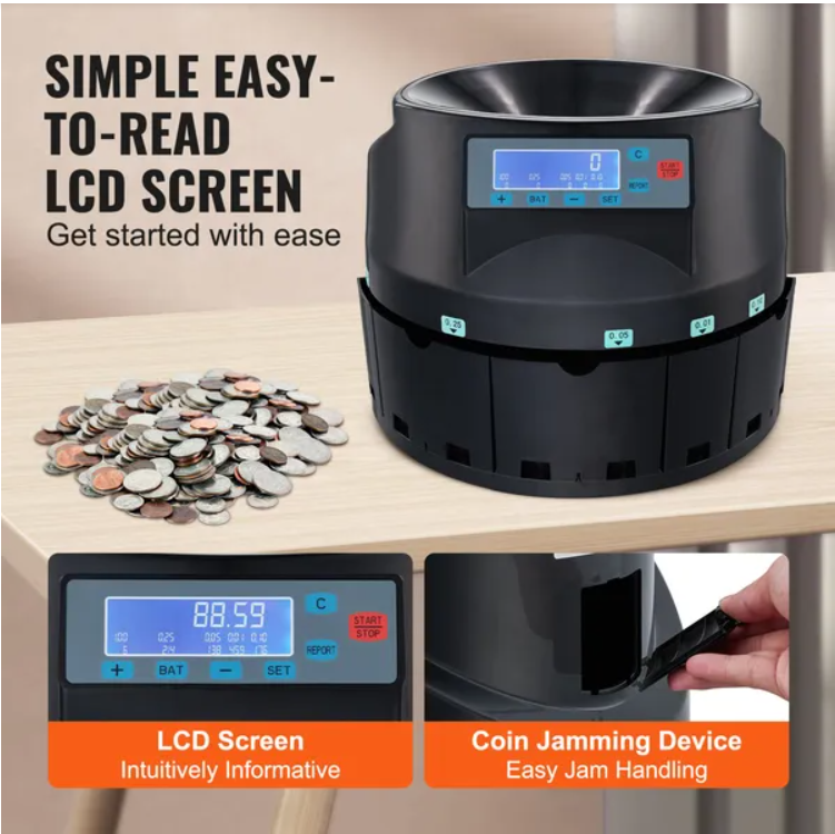 VEVOR USD Coin Sorter Coin Counter Wrapper And Roller 300 Coins Min LCD Display