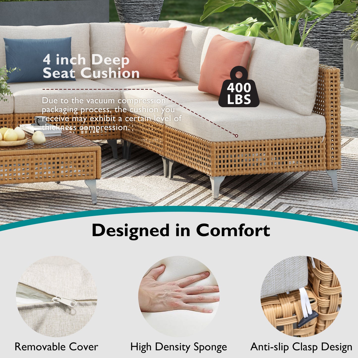 K&K 7-Piece Wicker Patio Furniture Set, Outdoor Conversation Set Sectional Sofa With Water Resistant Beige Thick Cushions And Coffee Table For Outdoor Couch, Porch, Backyard - Beige