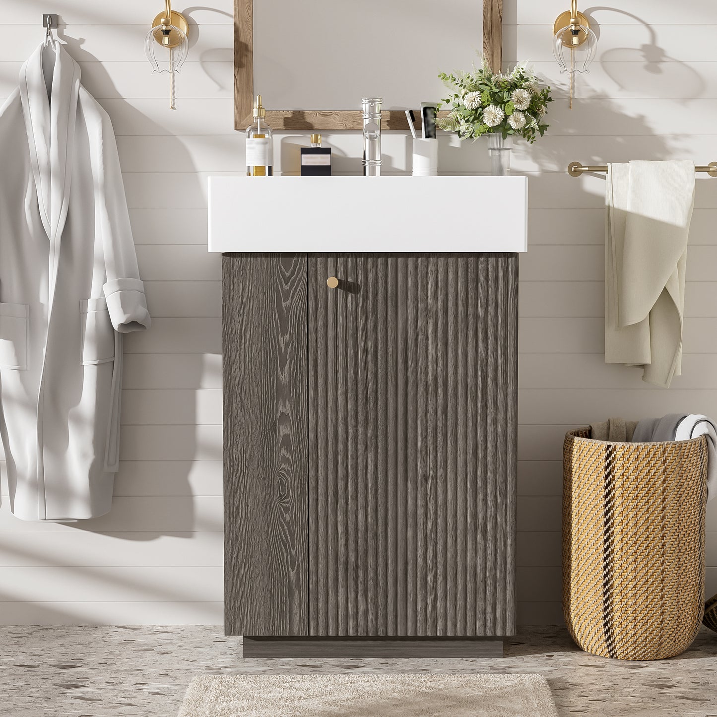 21.6 Bathroom Vanity With Ceramic Sink, Freestanding Modern Right Door Wood Grain Cabinet With Open And Closed Storage For Small Bathrooms