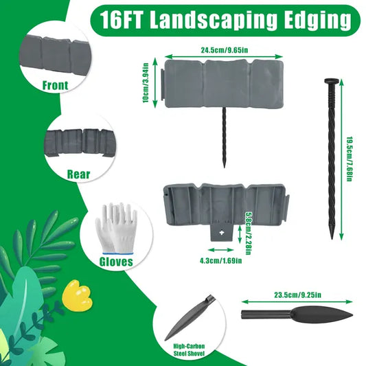 16FT Non-Digging Plastic Landscape Edging 20Pcs Faux Cobbled Stone Garden Borders With 20 Spikes Shovel Gloves Flexible Bendable For Flower Beds Pathways Tree Rings Garden Yard Lawn
