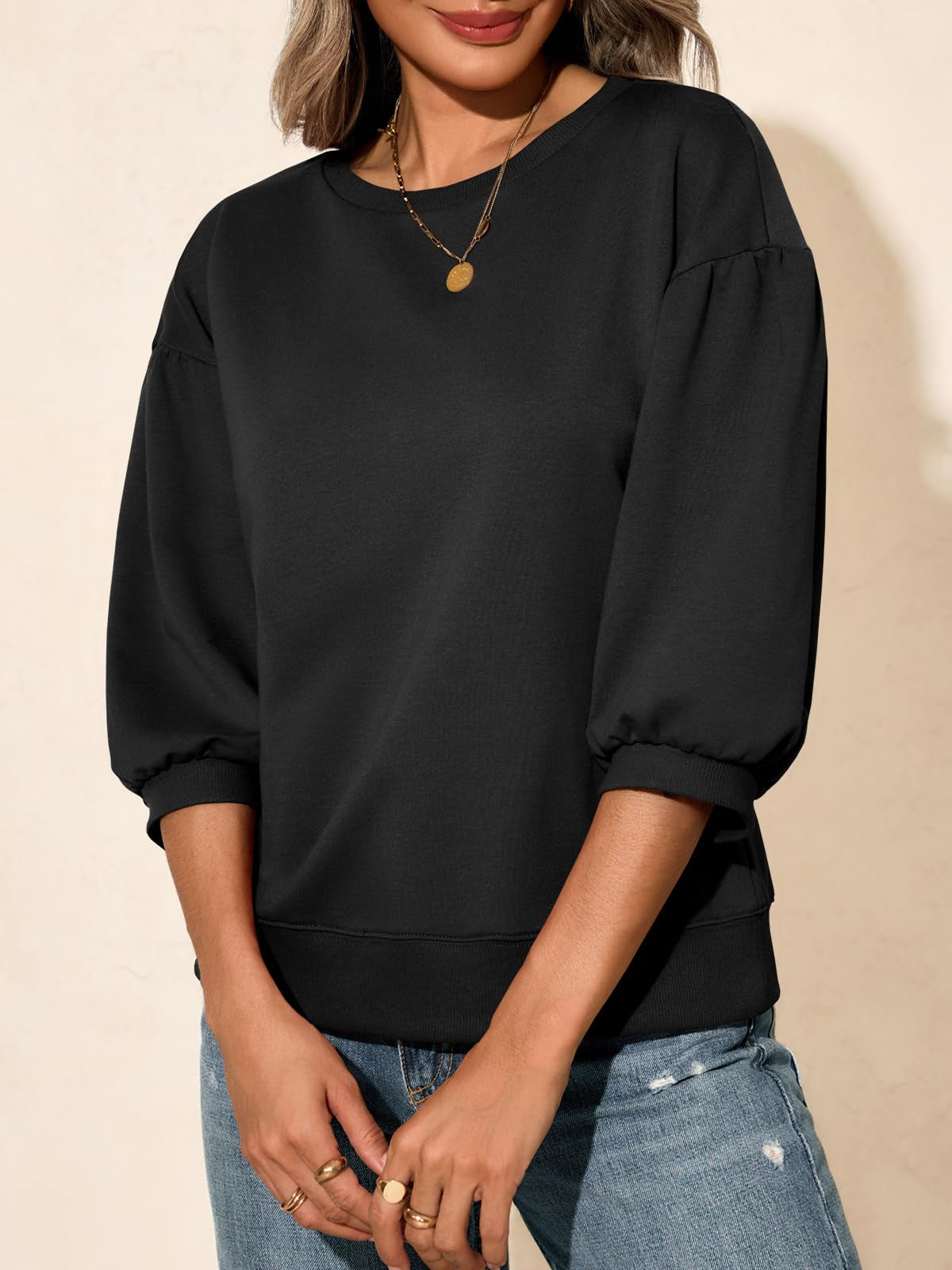 Fisoew Womens Puff Sleeve Sweatshirts Casual Crewneck Sleeve Loose Fit Fall Pullover Tops