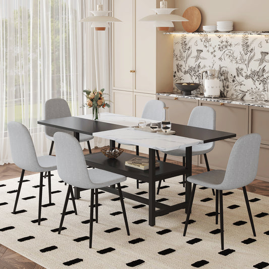 Table And Chair Set.71x35.4 Inch White And Black Spliced Dining Table With Storage Function In The Middle Of The Table Legs.Paired With 6 Light Gray Linen Fabric Chairs.