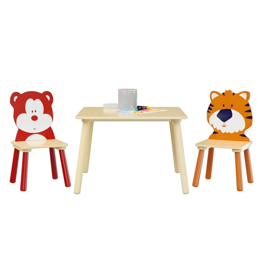 Kids Table And 2 Chairs Set, 3 Pieces Toddler Table And Chair Set, Wooden Activity Play Table Set - Bear&Tiger