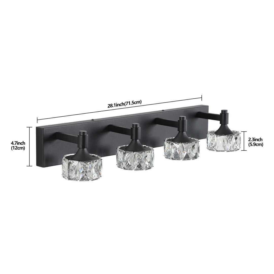 Modern 4-Light Matte Black LED Vanity Light Fixture With Crystal Glass Shades, Bathroom Wall Sconce For Elegant And Contemporary Home Decor