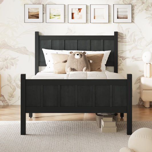 Twin Size Flat Panel Bed With Headboard & Footboard, Minimalist Modern Platform Bed With Wood Grain Finish, Shaker And Farmhouse Style Design, Sleek And Functional Bedroom Furniture,Black