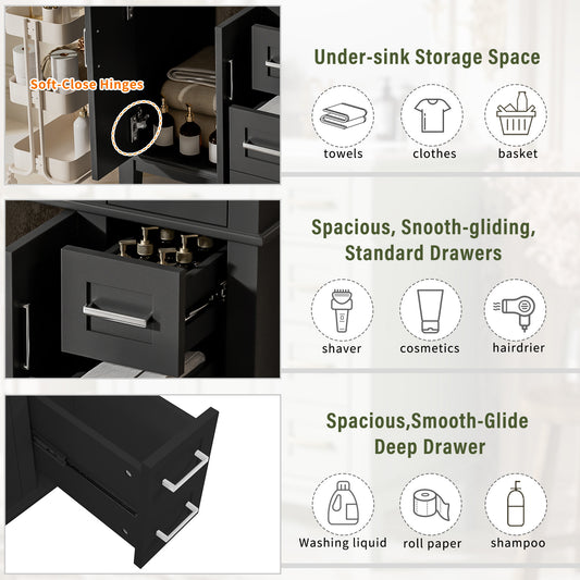 30  Bathroom Vanity With Ceramic Sink, Modern Storage Cabinet With Soft-Close Doors, Deep Drawer & Standard Drawer, Stylish Bath Vanity For Small Bathrooms