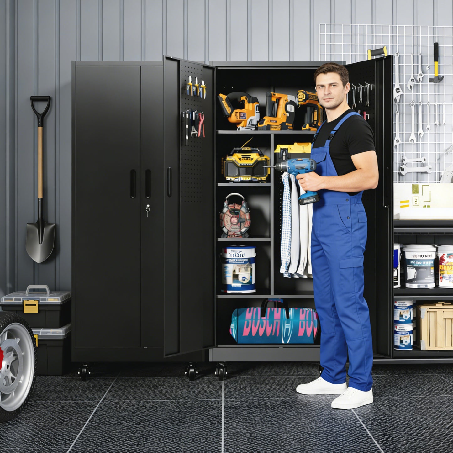 Rolling Metal Storage Locker Cabinet With Lockable Doors - 71  Freestanding Steel Wardrobe For Home, Office, School, Employee, Gym & Fire Department  Black