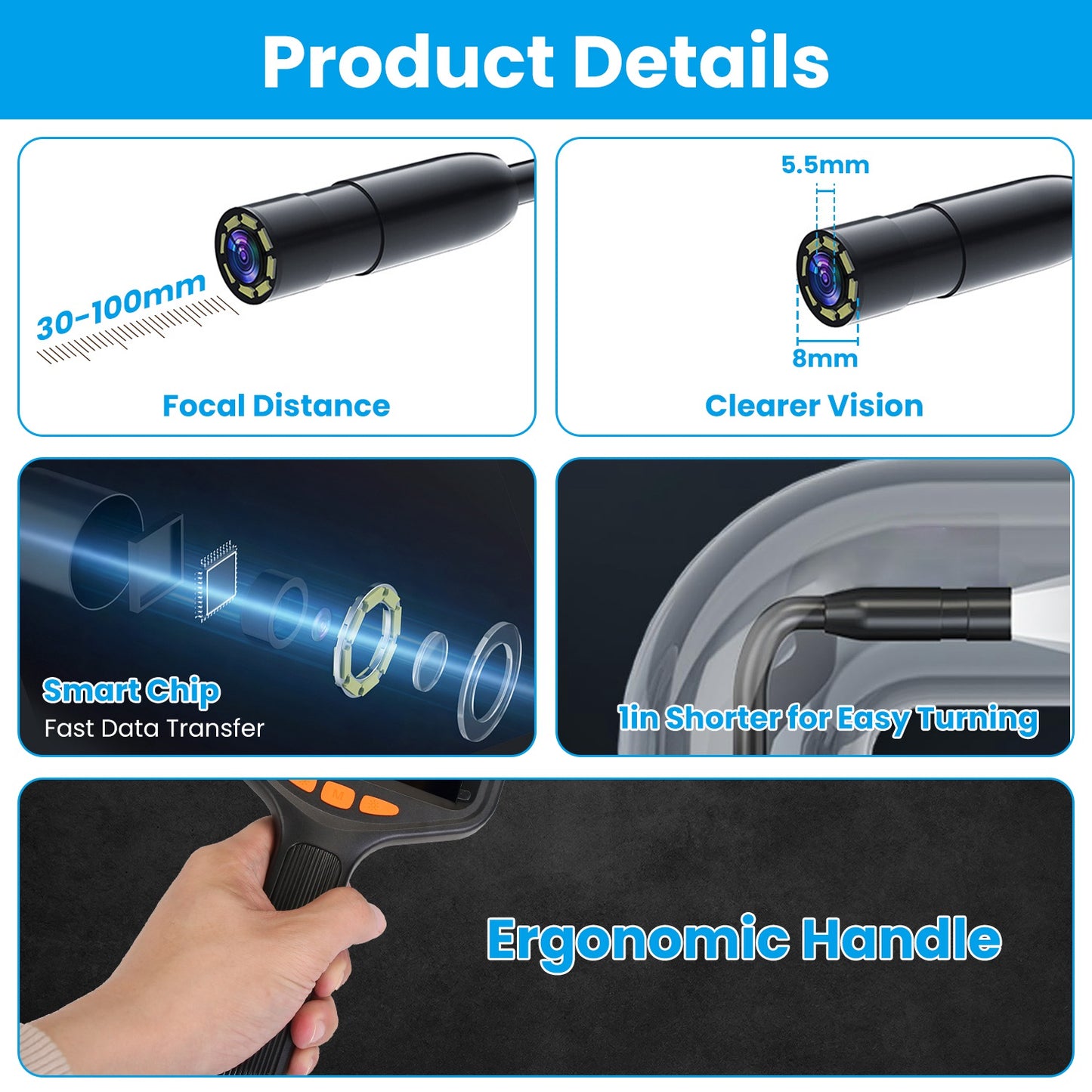 1Pc 4.3in Inspection Camera With Light Articulating Borescope Endoscope Camera With 16.4FT Wire 2 Modes 3 Adjustable Brightness IP67 Waterproof For Plumbing Automative Inside Wall