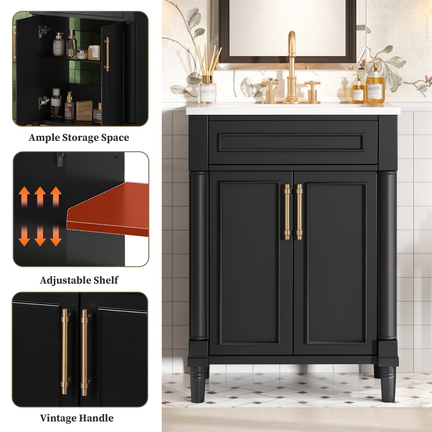 24   Bathroom Vanity With Integrated Ceramic Sink, Bathroom Cabinet With 2 Doors, Single Sink Bathroom Vanity For Small And Medium Restroom