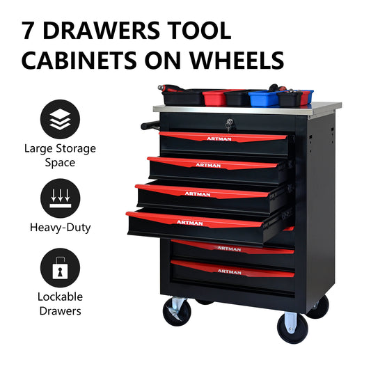 7 Drawers Multifunctional Tool Cart With Wheels,Metal Rolling Tool Cart Storage For Garage Workshop Warehouse Repair Shop--With Stainless Steel Roof- BLACK&RED