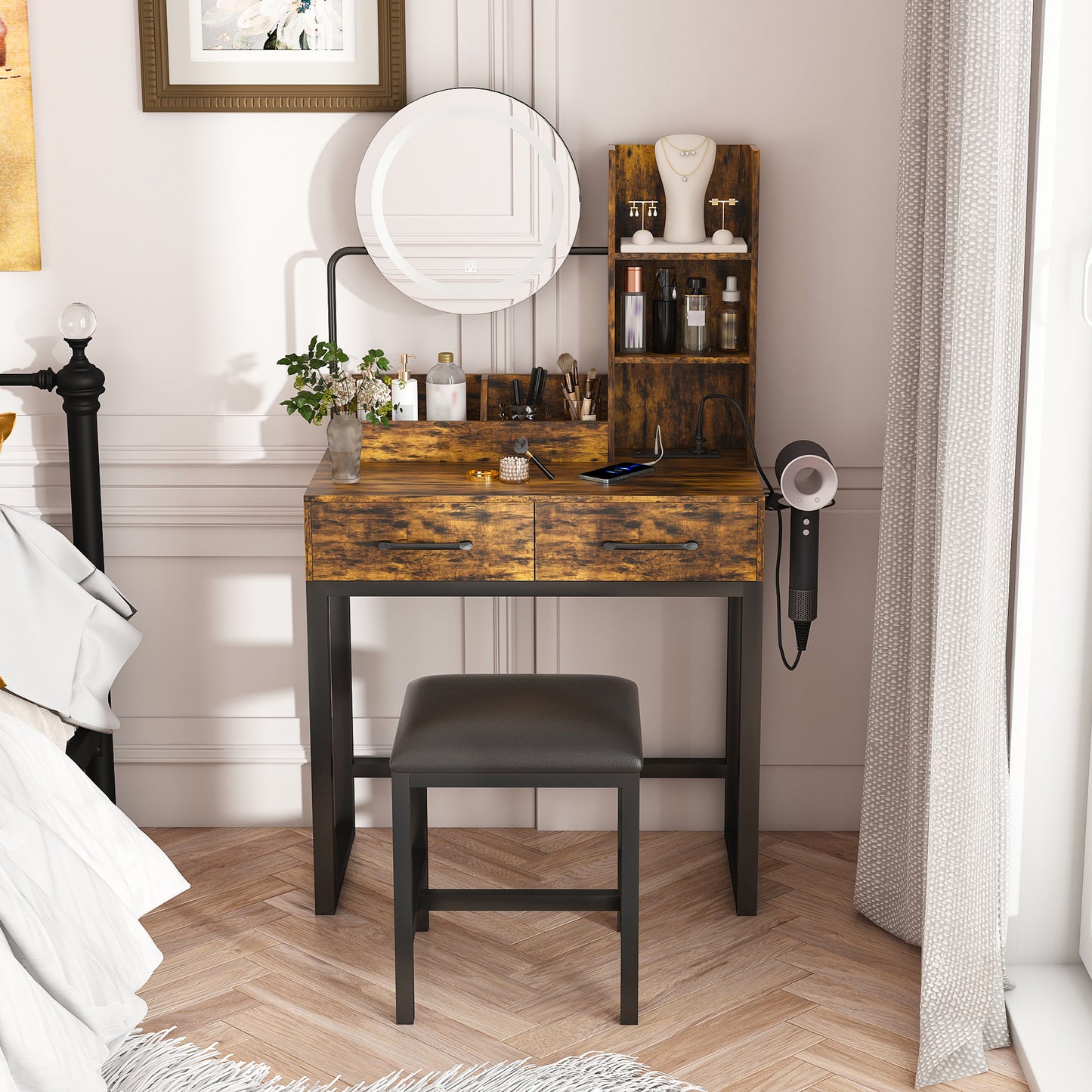 Makeup Vanity With LED Lights&3 Color And Power Outlet Makeup Vanity Table With 2 Big Drawers With Sturdy Metal Leg And Metal Chair ,Dressing Table For Bedroom Dressing Room Brown