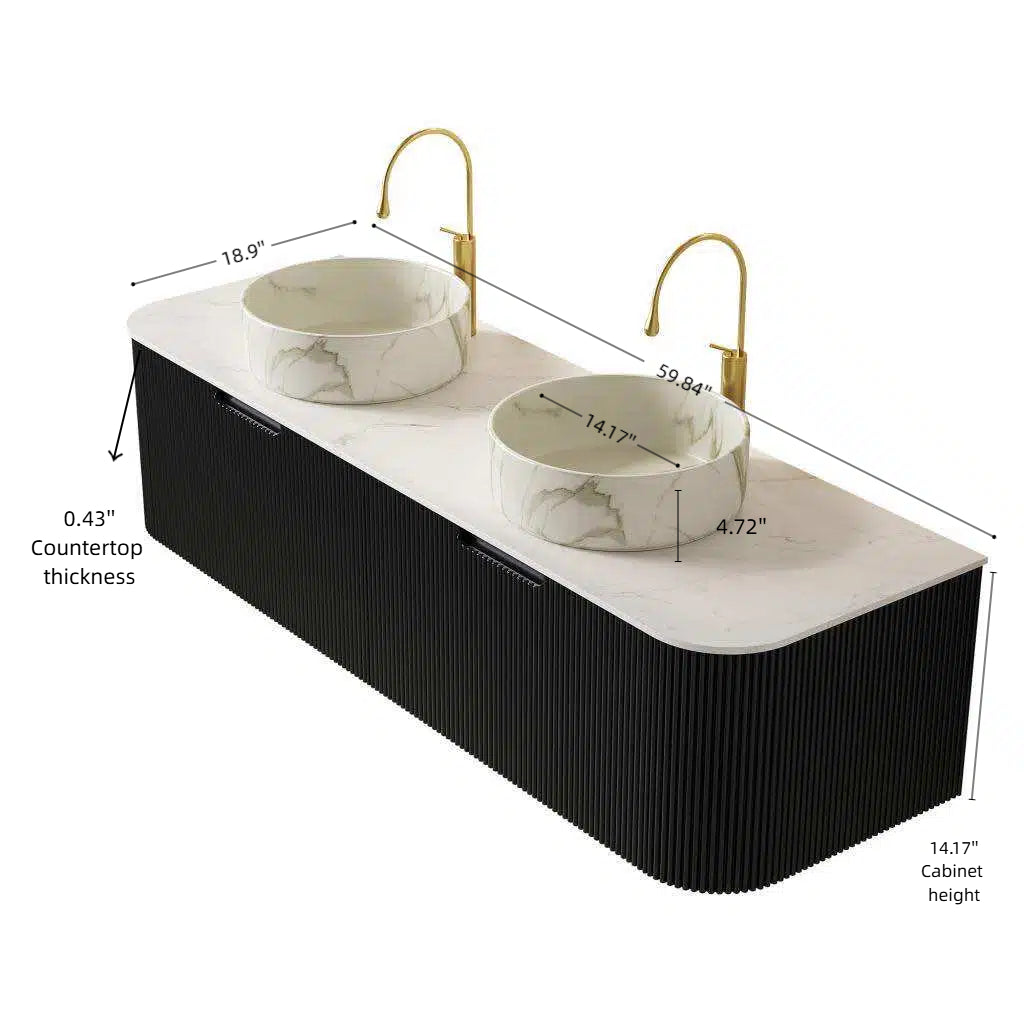DINA 60  Bathroom Vanity&Sinks, Floating Curved Edges Striped Storage Cabinet With 2 Drawers, 2 Matte Stone White Round Ceramic Basins&Carrara White Sintered Stone Top, Pre-assembled, Black Color