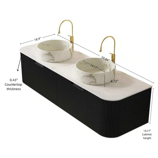 DINA 60  Bathroom Vanity&Sinks, Floating Curved Edges Striped Storage Cabinet With 2 Drawers, 2 Matte Stone White Round Ceramic Basins&Carrara White Sintered Stone Top, Pre-assembled, Black Color