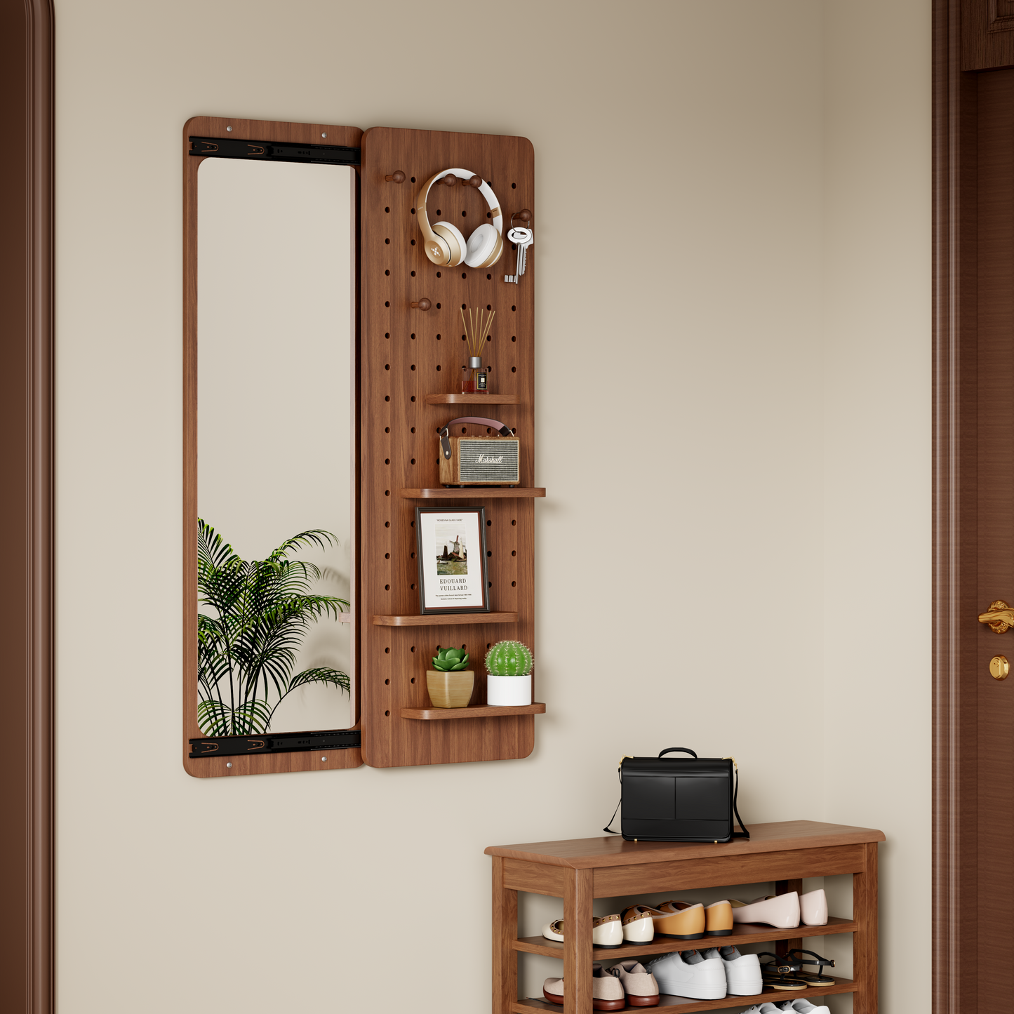 47.6 X 15.7 Inch Multi-functional Design Panel Wall-mounted Full-length Mirror, Space-saving, Can Be Pushed And Pulled. Suitable For Bedroom Living Room Entrance   Walnut