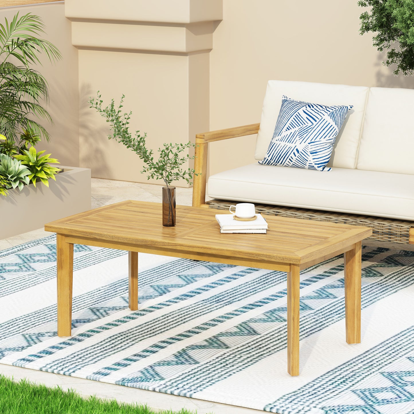 Outdoor Acacia Wood Rectangular Coffee Table, Teak, 43.25 W X 23.50 D X 17.00 H