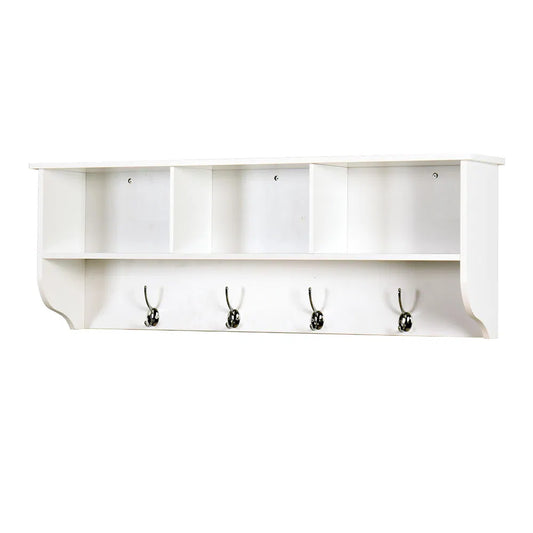 White Entryway Wall Mounted Coat Rack With 4 Dual Hooks Living Room Wooden Storage Shelf