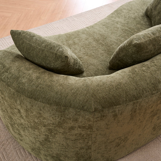 Crescent-shaped Sofa, Modern Low-back Design With Deep Cushions, Self-inflating Foam-filled Large Two-seater Sofa Requiring No Assembly.  Green Chenille Fabric