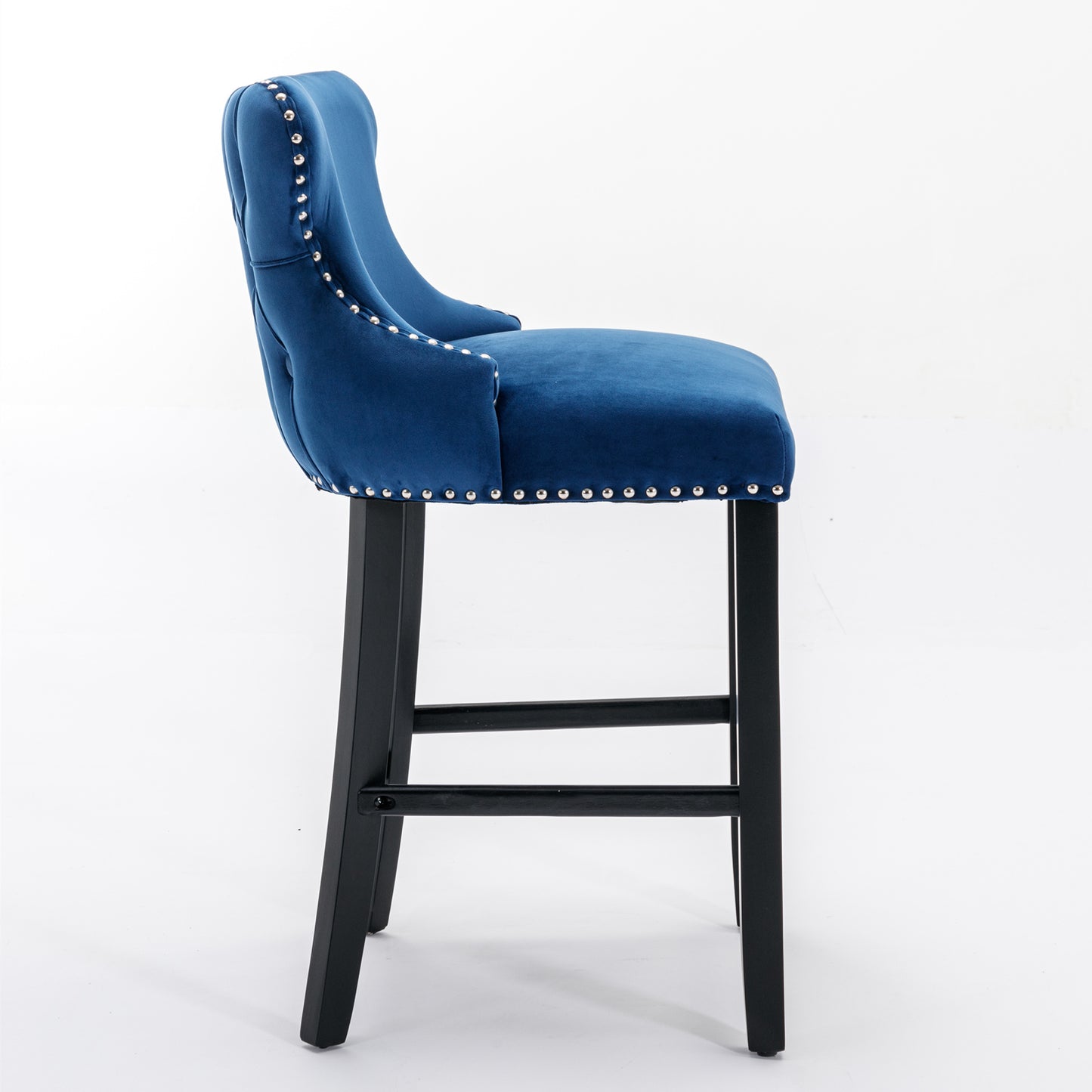 A&A Furniture,Contemporary Velvet Upholstered Wing-Back Barstools With Button Tufted Decoration And Wooden Legs, And Chrome Nailhead Trim, Leisure Style Bar Chairs,Bar Stools,Set Of 2  Blue ,SW1824BL