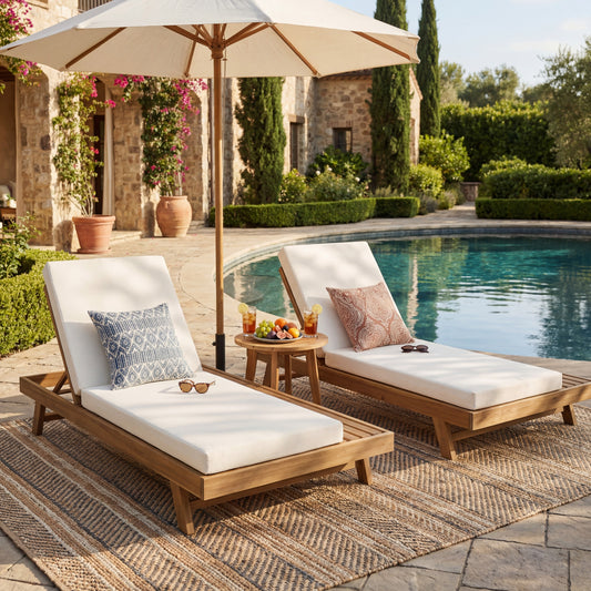 Lounge Chaise Set, Space Available On One Side, Acacia Wood In Light Brown With Water-Resistant Lounge Cushions  Cream & 4 Inch Thick   Matching Dark Grey Version Available