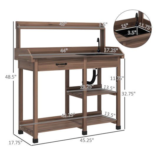 Potting Bench Table, Outdoor Garden Table Wooden Work Station With Removable Sink, Faucet, Drawer, Shelves, Hooks, Dark Brown