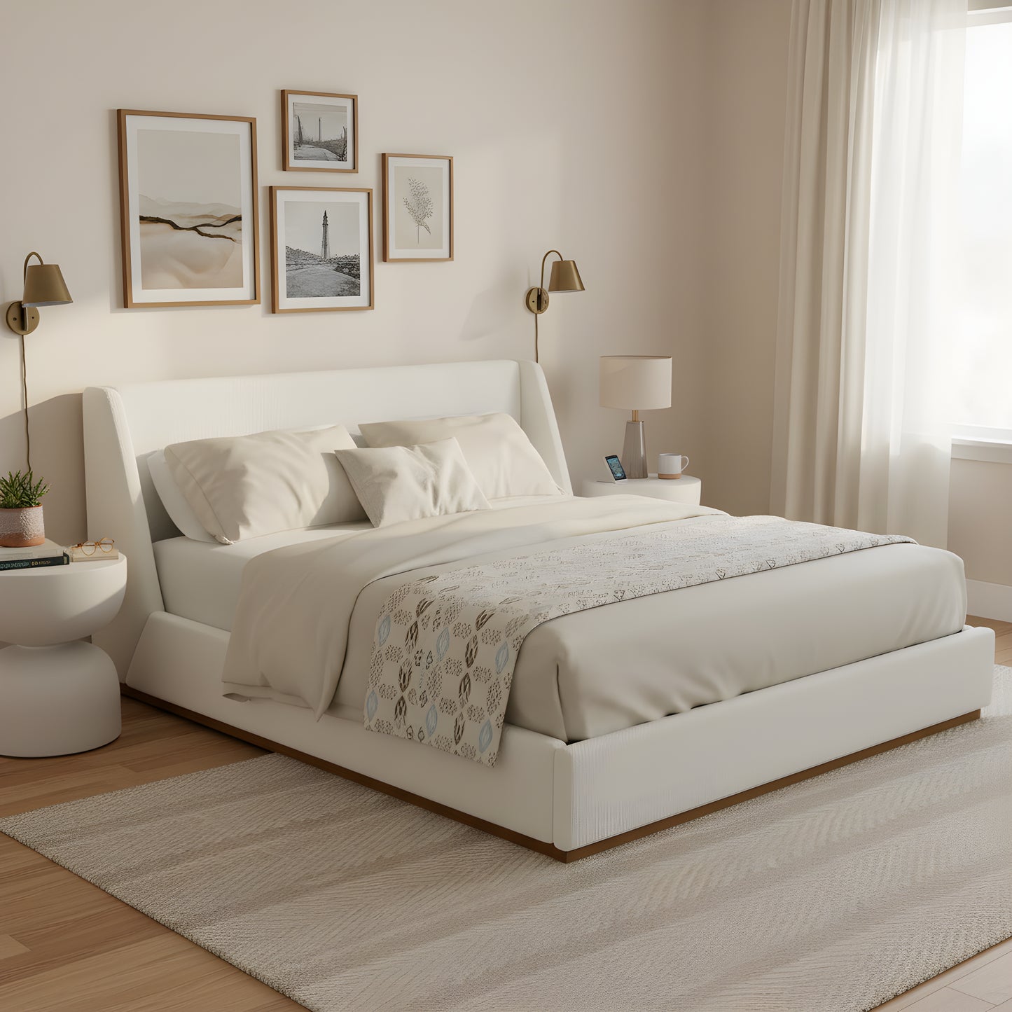 Luxury Upholstered Bed With Wings, White, King