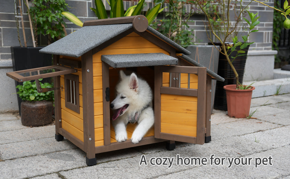 45 Inch Solid Wood Dog House, Cozy Outdoor Shelter For Medium & Small Dogs With Lockable Ventilated Door, Waterproof Insulated Felt Roof & Charming Design