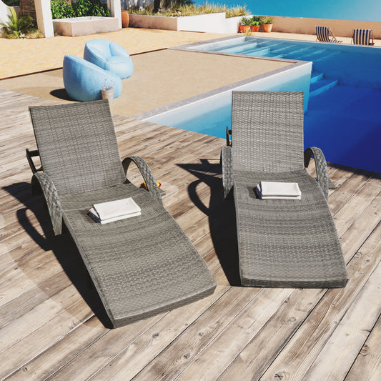 K&K 80   Outdoor Wicker Chaise Lounge Chairs Set Of 2, Patio Rattan Reclining Chair Pull-out Side Table W   5-Level Adjustable Backrest Ergonomic Wave Design Pool Sunbathing Recliners, Grey