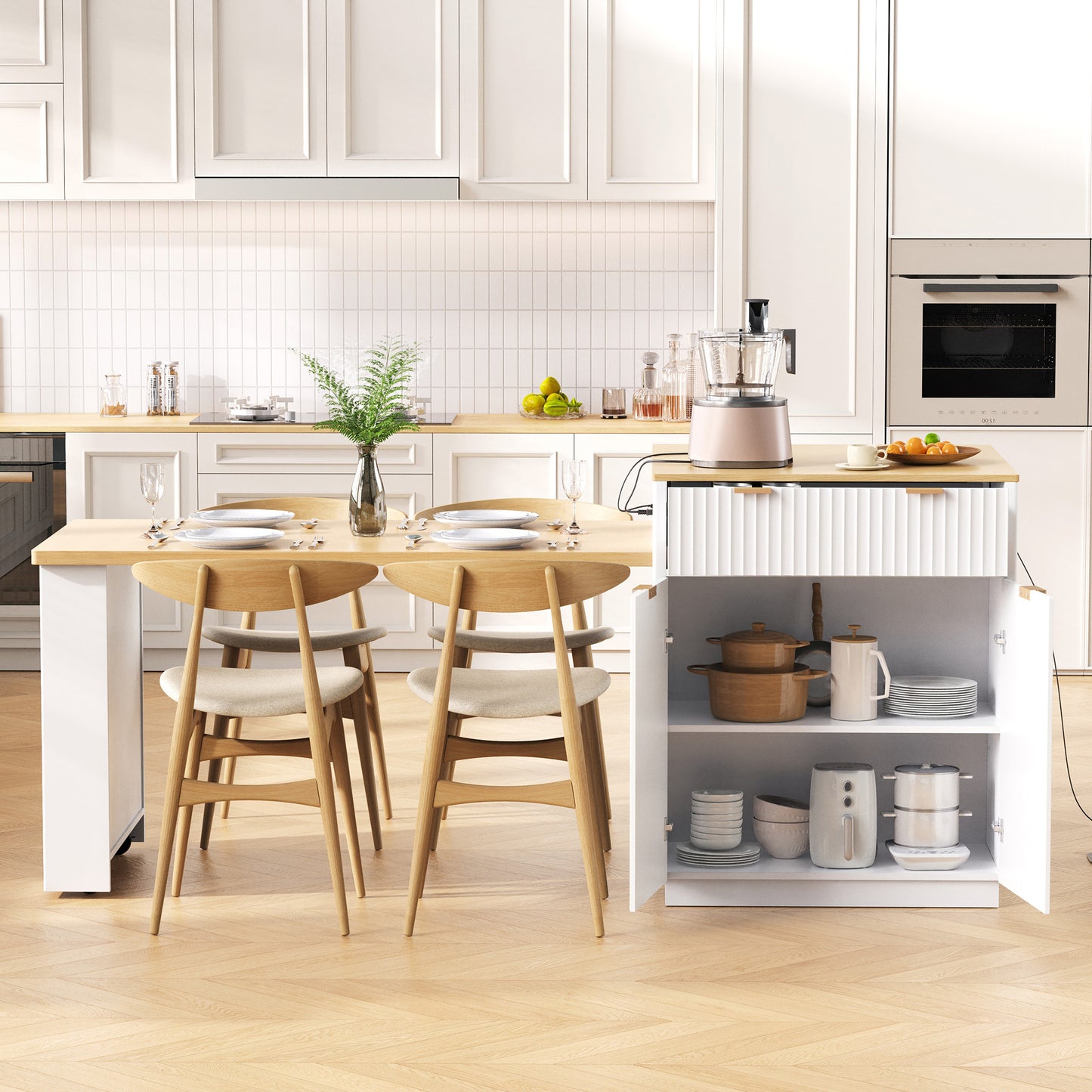 K&K 82.6  Fluted Kitchen Island With Extendable Dining Table For 4 6, Island Table For Kitchen With Power Outlet, Kitchen Table With Double Side Storage, 2 Drawers 2 Side Open Shelves, White