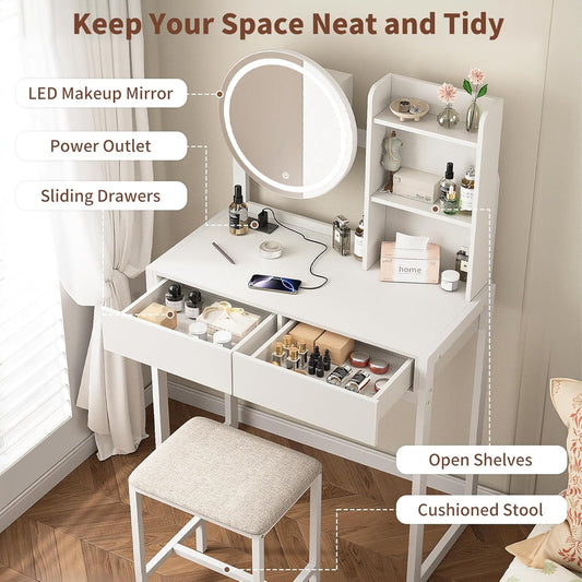 Small Vanity Desk With Mirror And Lights, Makeup Vanity Table With LED Mirror, 3 Lighting Modes, Power Outlet, Drawer, Open Shelves And Cushioned Stool For Bedroom  White