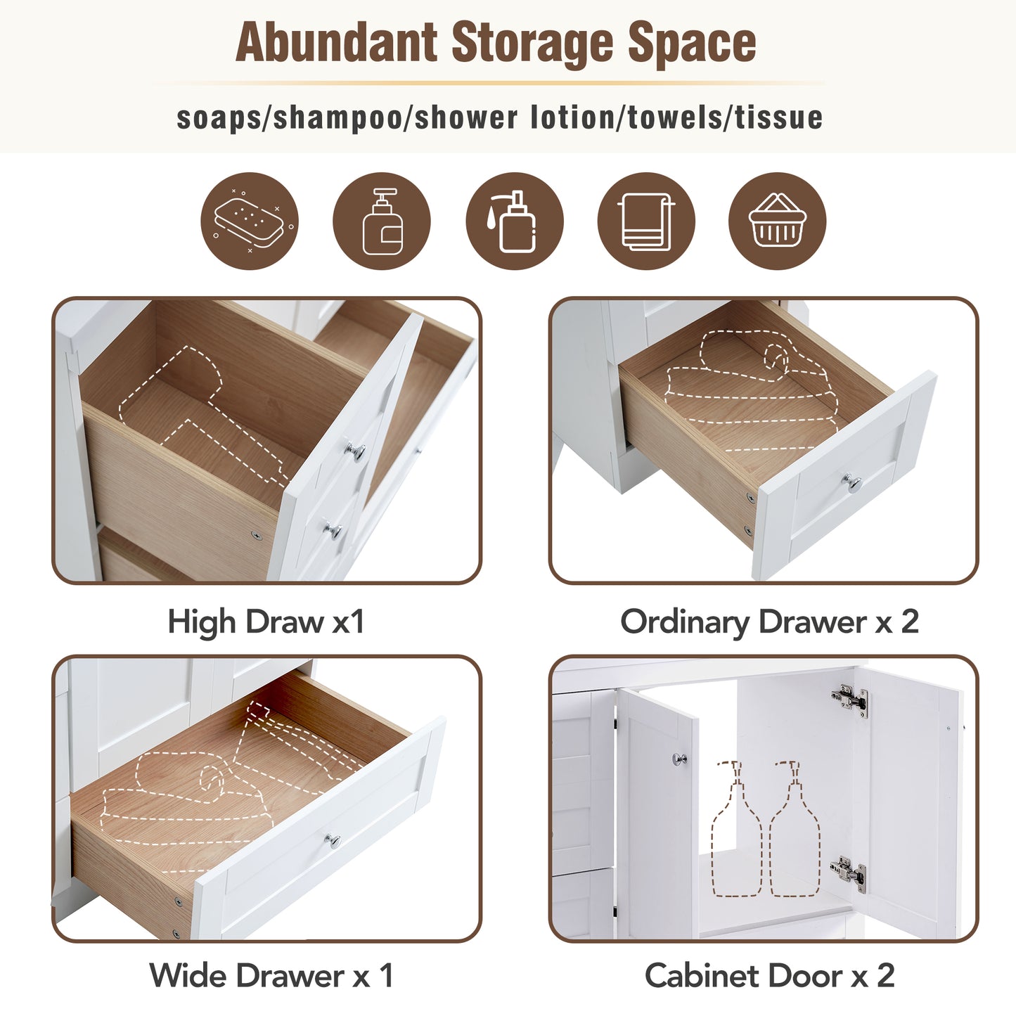 36 Inch Shaker Style Free-Standing Bathroom Vanity Cabinet With Ceramic Sink, 4 Soft-close Drawers And 2 Soft-close Doors