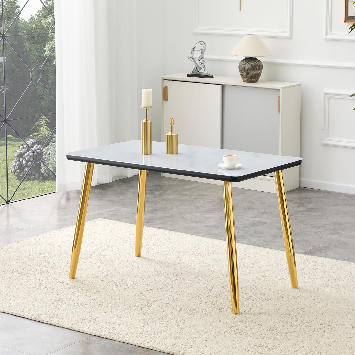 Modern Minimalist Rectangular Dining Table, Suitable For 4-6 People. Tempered Glass Countertop  Lower MDF Board,  Marble Texture, Gold Metal Tapered Legs. Suitable For Minimalist Restaurants.
