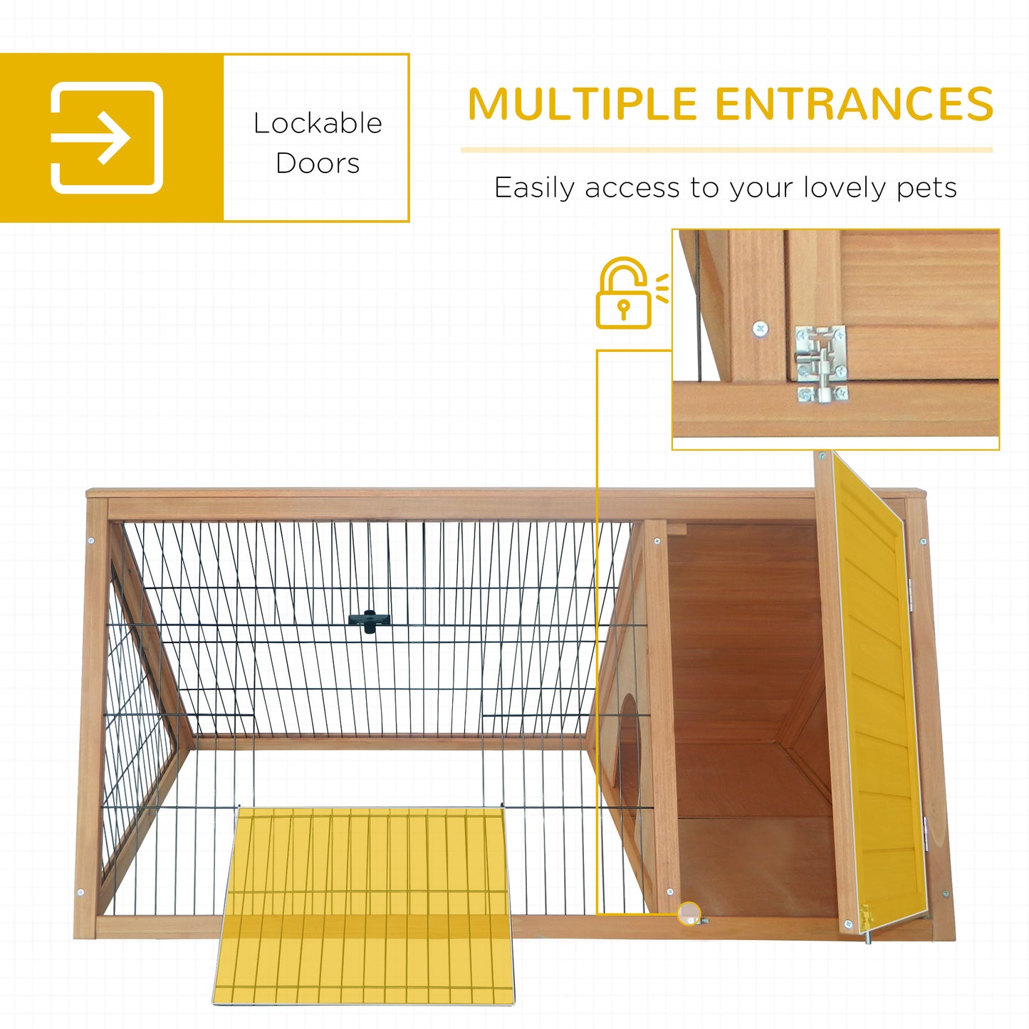 46" X 24" Wooden A-Frame Outdoor Rabbit Hutch, Small Animal Cage, Bunny Hutch With Outside Run & Ventilating Wire, For Rabbits, Chickens, Ducks, Yellow