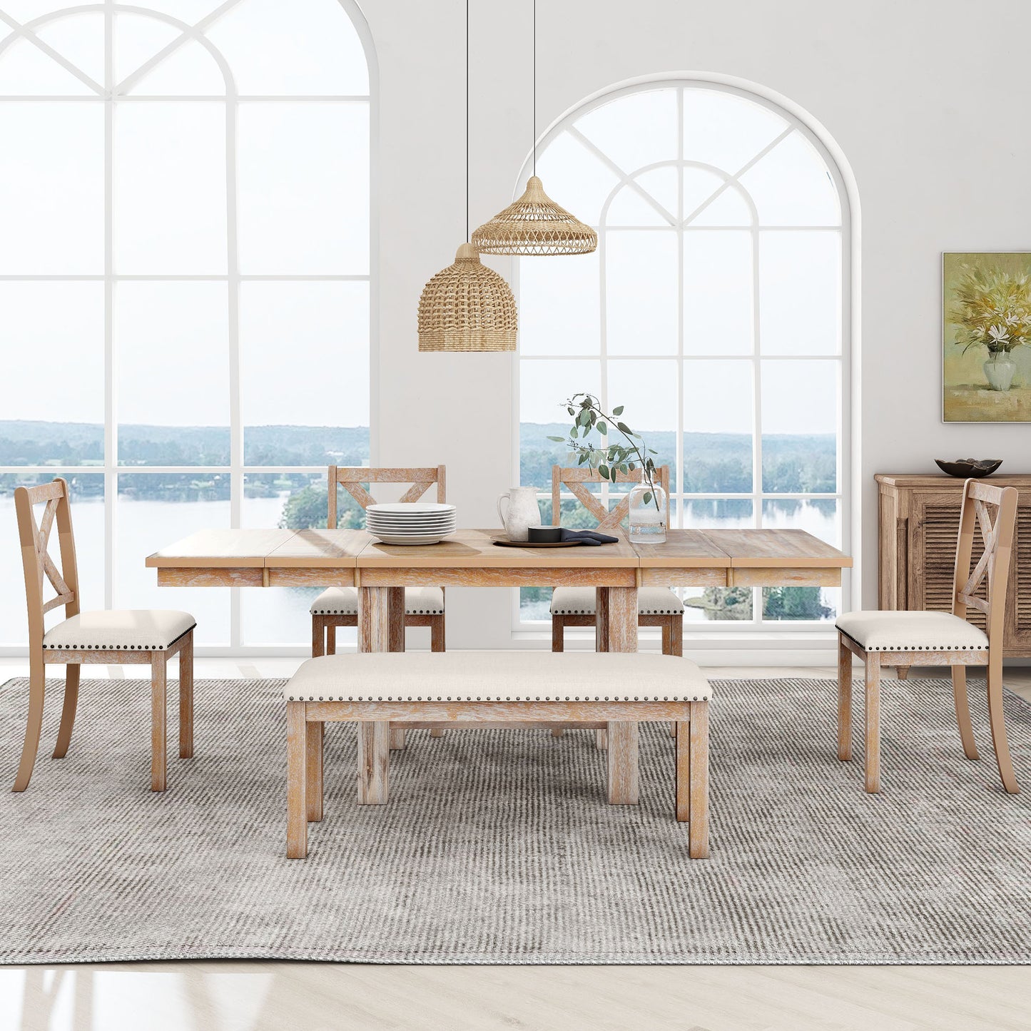 TOPMAx Farmhouse 82inch 6- Piece Extendable Dining Table With Footrest  4 Upholstered Dining Chairs And Dining Bench  Two 11 Removable Leaf  Natural Beige Cushion