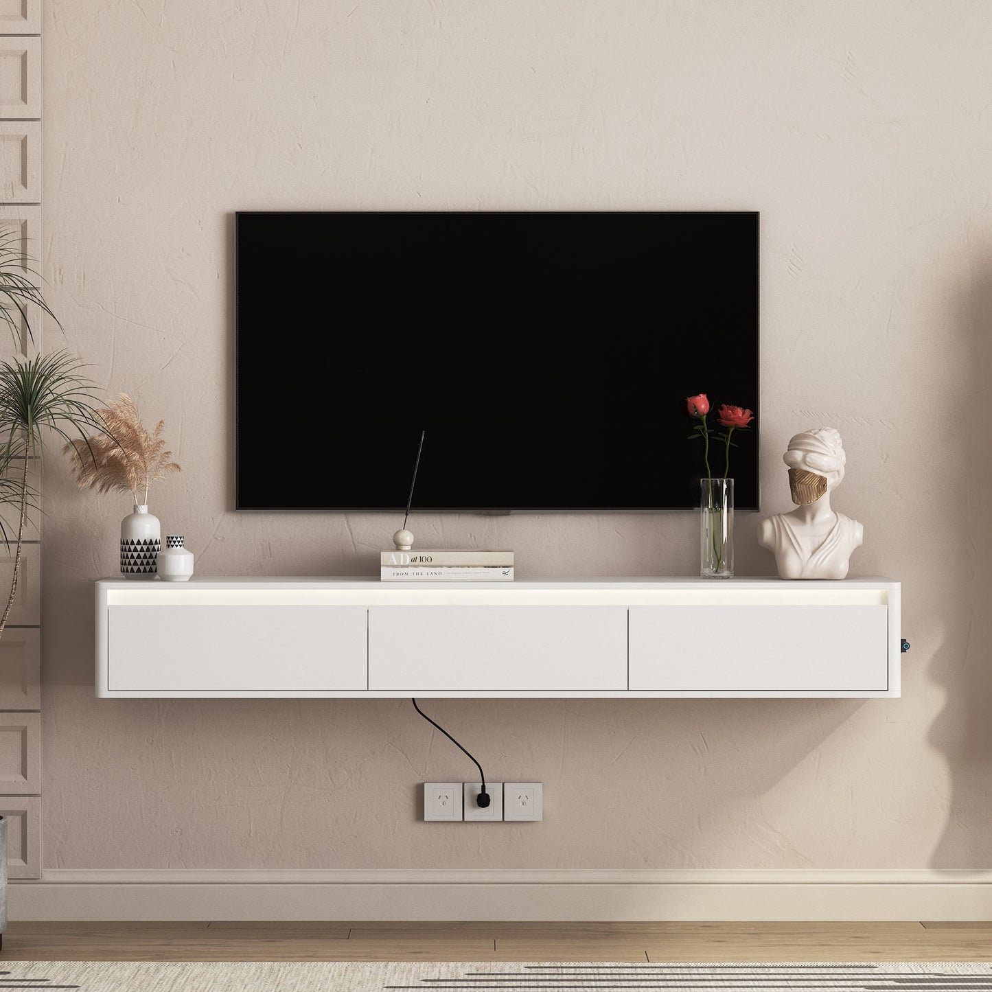 Floating TV Stand, Wall Mounted TV Shelf With Led Lights & Power Outlet,Cabinet For White Tv Stands For Living Room