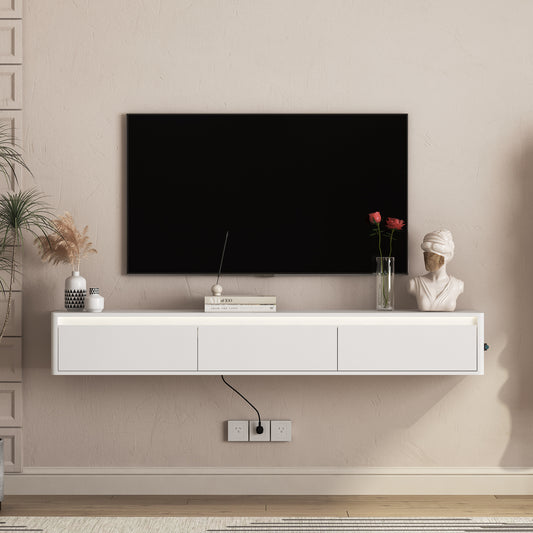 Floating TV Stand, Wall Mounted TV Shelf With Led Lights & Power Outlet,Cabinet For White Tv Stands For Living Room