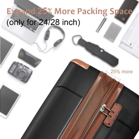 Luggage Sets 3 Piece, Expandable Hard Shell ABS Suitcases With Double Spinner, Travel Luggage Set With TSA Lock  20 24 28inch, Black Brown