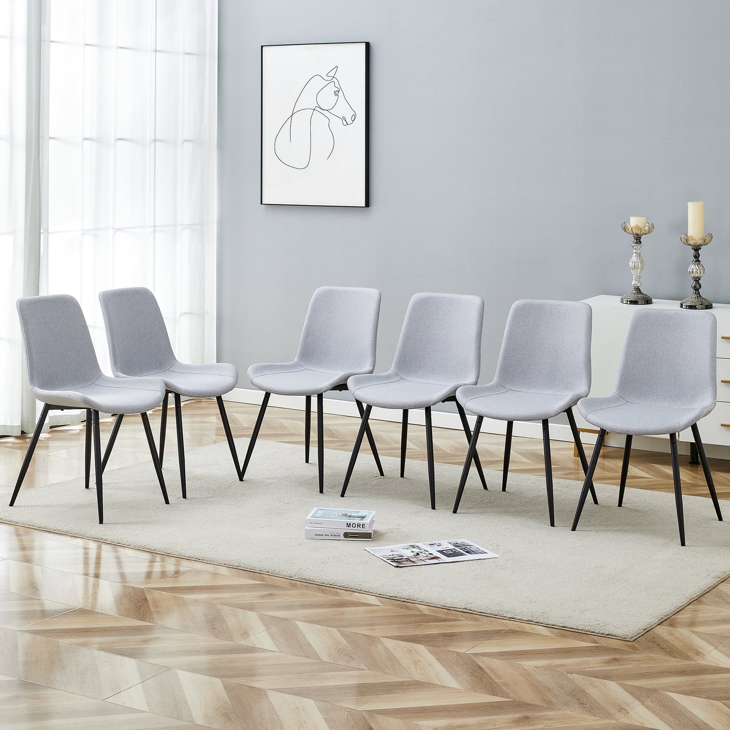 Comfortable Linen-Cotton Dining Chair Set - Six Pieces In Light Gray.Integrated Seat And Backrest,Linen-Cotton Material,Curved Widened Cushion Design For More Comfort.