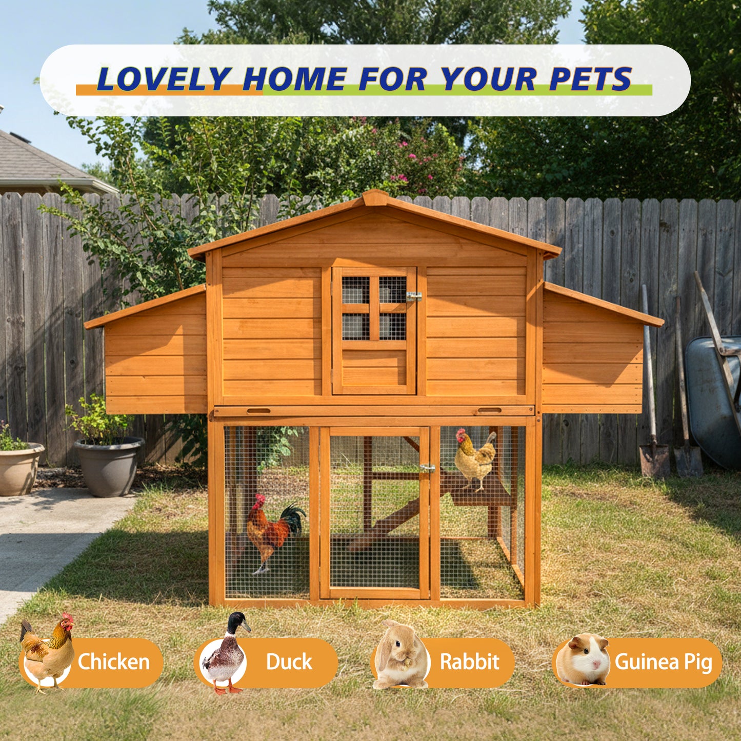 Chicken House For Outdoor With Two Nesting Box  Leakproof Pull- On Tray  And UV- Resistant Roof Panel