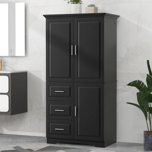 Tall And Wide Storage Cabinet With Doors For Bathroom Office, Three Drawers, Black Old SKU WF299285AAB